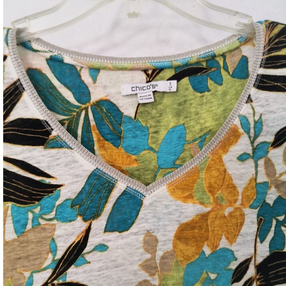 Chico's Linen Knit Tee XL Tropical Print Short Sleeve Metallic V-Neck Tropical - Picture 6 of 13